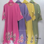 Mul chanderi floral embroidered A-line 3-piece ethnic wear set with matching bottom and dupatta in four colours.