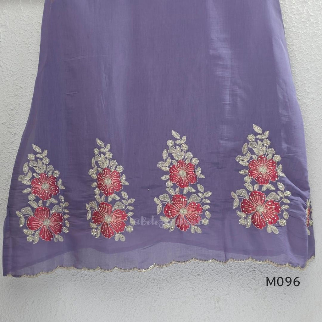 Mul chanderi floral embroidered A-line 3-piece ethnic wear set with matching bottom and dupatta in four colours.
