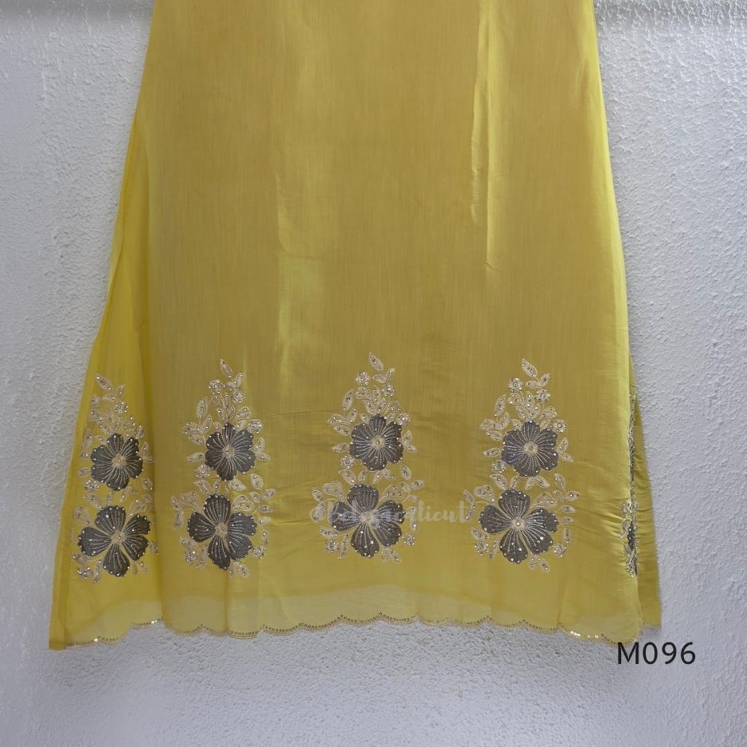 Mul chanderi floral embroidered A-line 3-piece ethnic wear set with matching bottom and dupatta in four colours.