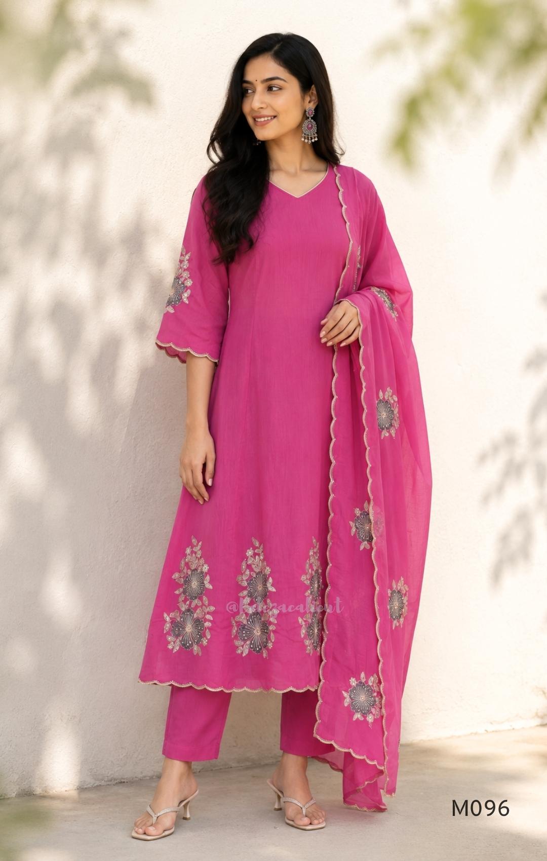 mul chanderi 3-piece set with floral embroidery, matching bottom and embroidered dupatta.