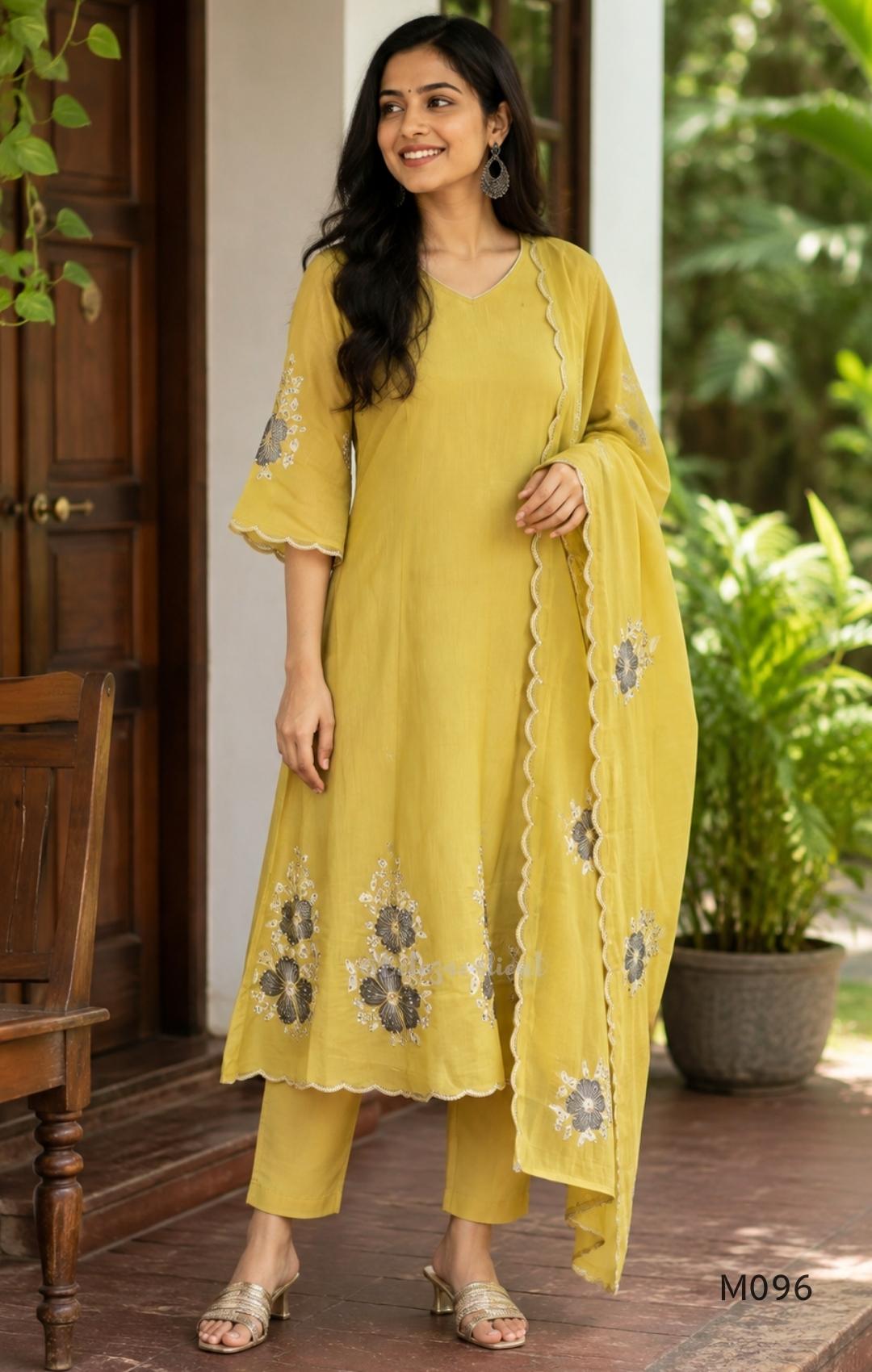 mul chanderi 3-piece set with floral embroidery, matching bottom and embroidered dupatta.