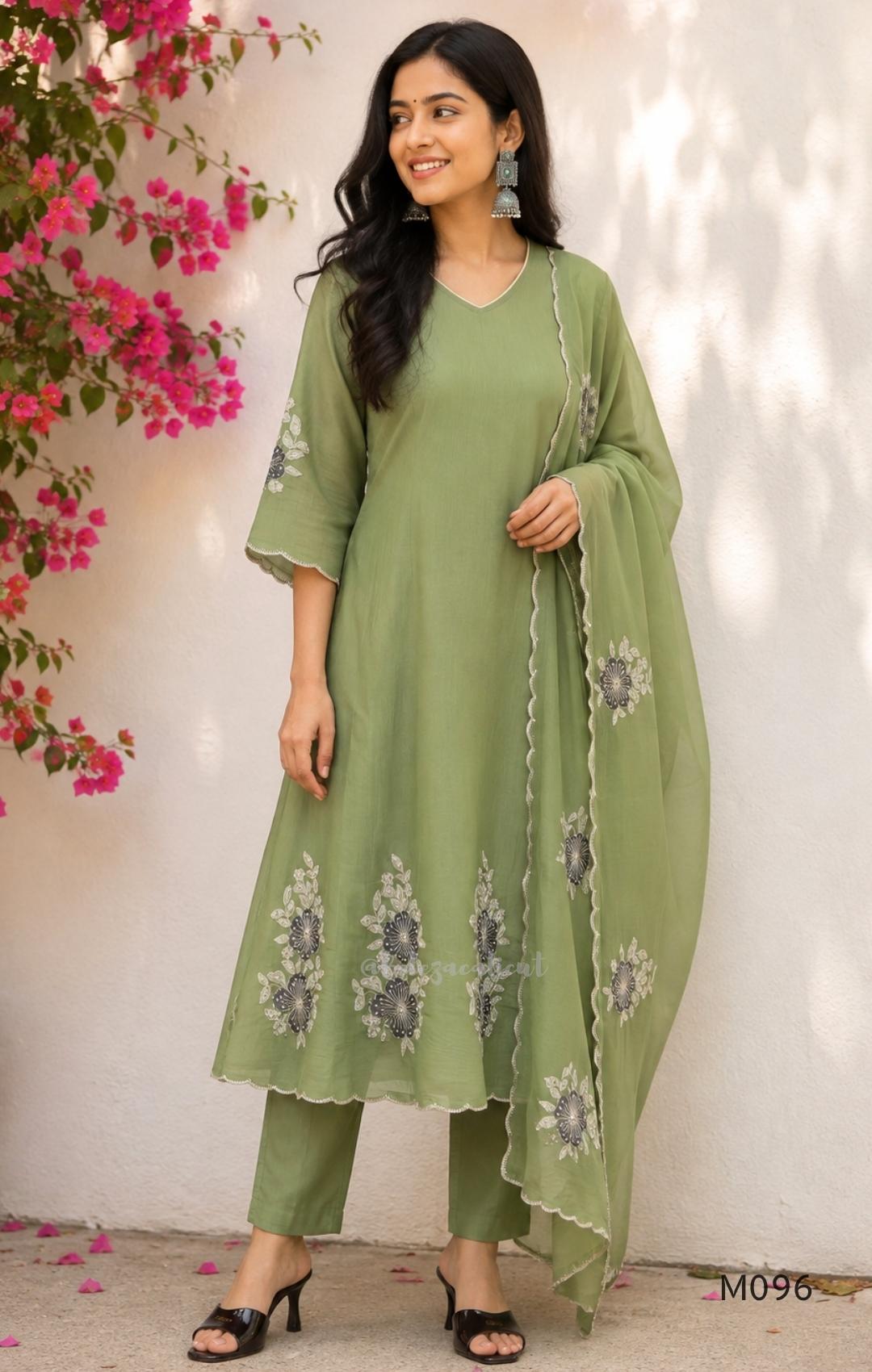 mul chanderi 3-piece set with floral embroidery, matching bottom and embroidered dupatta.