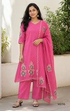 Mul chanderi floral embroidered A-line 3-piece ethnic wear set with matching bottom and dupatta in four colours.