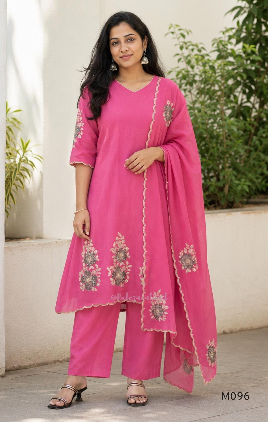 Mul chanderi floral embroidered A-line 3-piece ethnic wear set with matching bottom and dupatta in four colours.