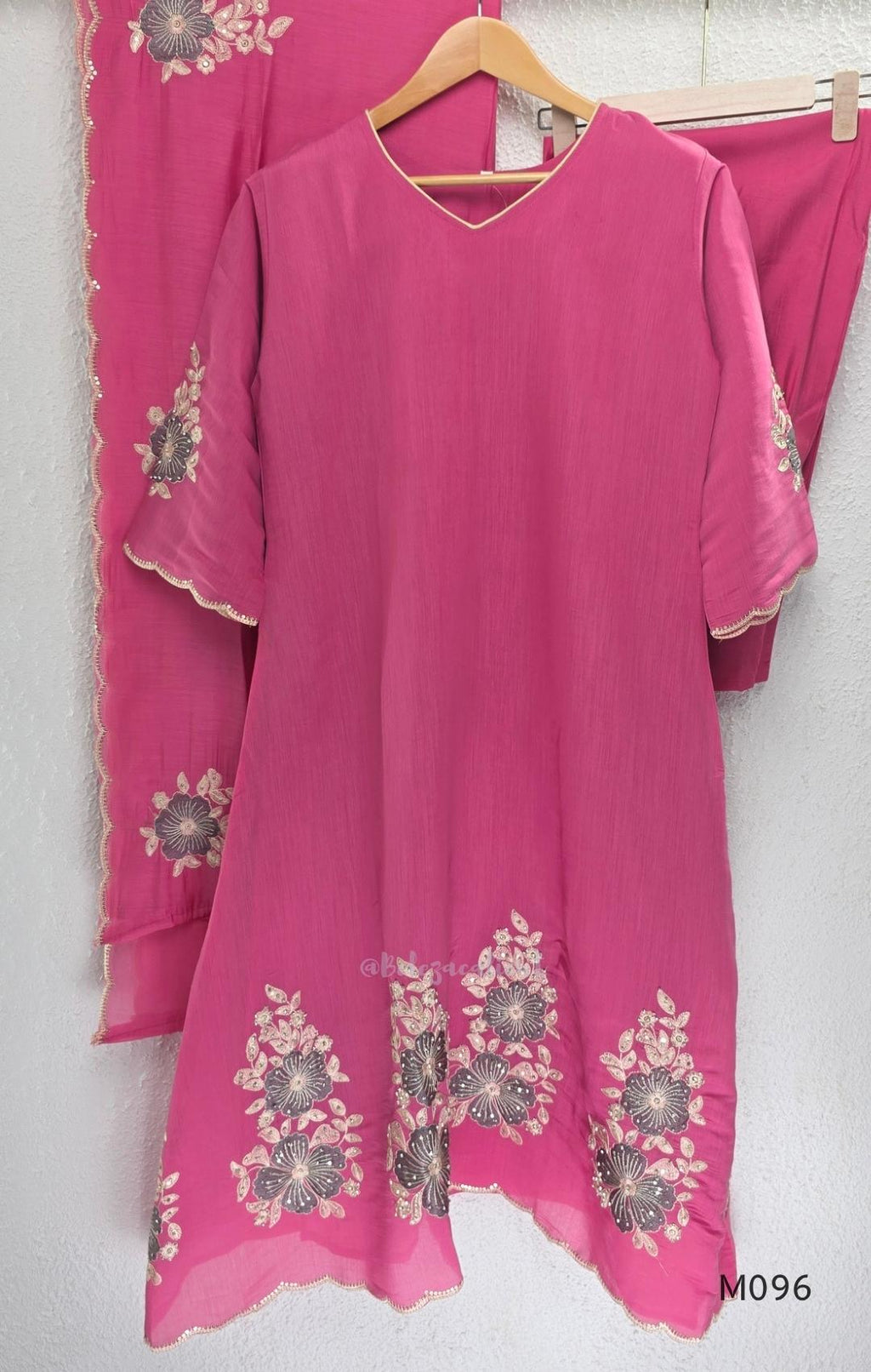 Mul chanderi floral embroidered A-line 3-piece ethnic wear set with matching bottom and dupatta in four colours.