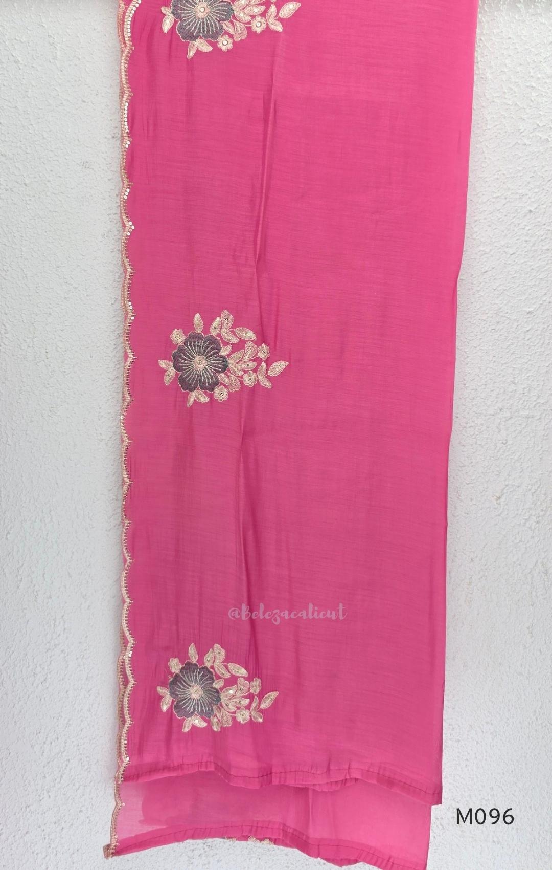 Mul chanderi floral embroidered A-line 3-piece ethnic wear set with matching bottom and dupatta in four colours.