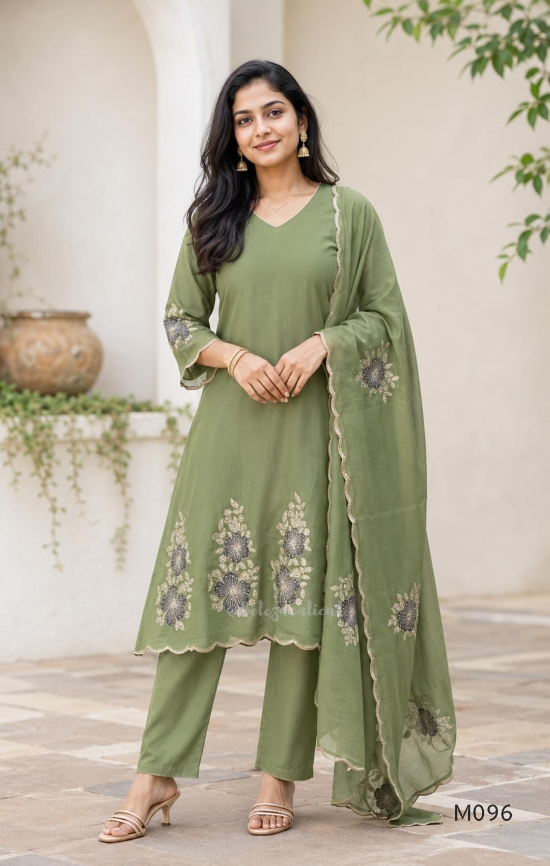 Mul chanderi floral embroidered A-line 3-piece ethnic wear set with matching bottom and dupatta in four colours.