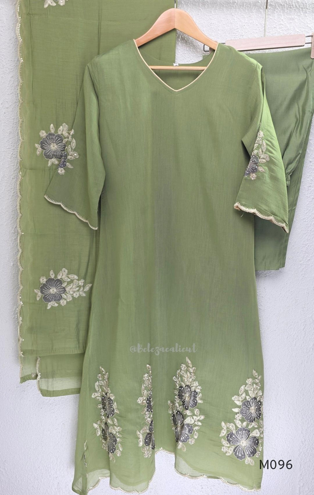 Mul chanderi floral embroidered A-line 3-piece ethnic wear set with matching bottom and dupatta in four colours.