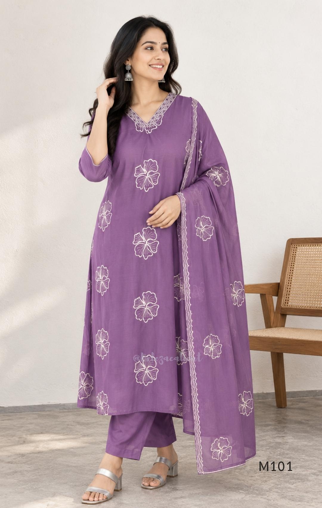 Lavender purple Mul Chanderi A-line churidar set with floral embroidery, matching straight-leg bottom and floral dupatta at Beleza, Calicut.