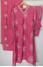 Pink Mul Chanderi A-line churidar set with floral embroidery, matching straight-leg bottom and floral dupatta at Beleza, Calicut.