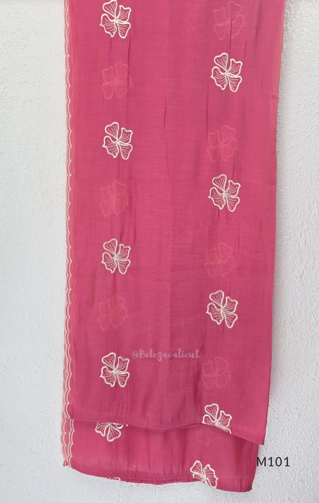 Pink Mul Chanderi A-line churidar set with floral embroidery, matching straight-leg bottom and floral dupatta at Beleza, Calicut.