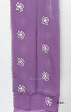 Lavender purple Mul Chanderi A-line churidar set with floral embroidery, matching straight-leg bottom and floral dupatta at Beleza, Calicut.