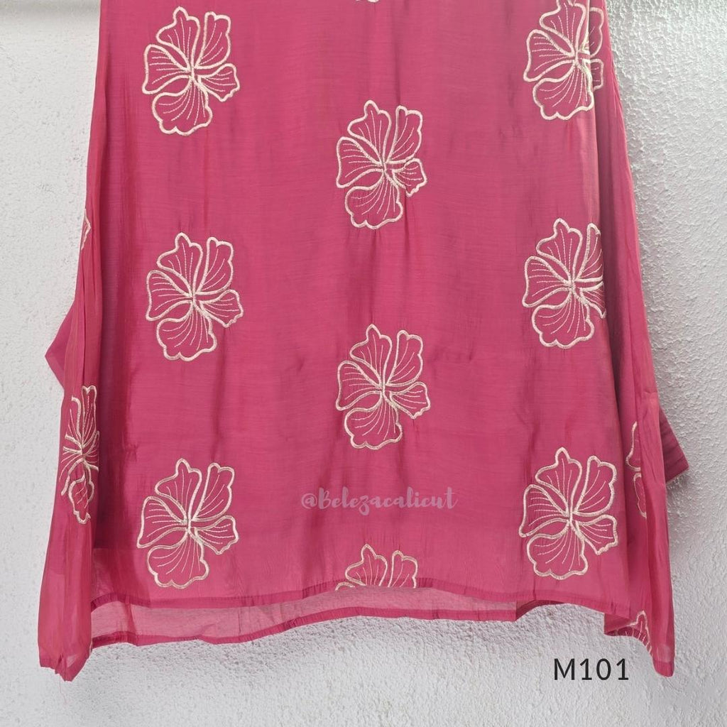 Pink Mul Chanderi A-line churidar set with floral embroidery, matching straight-leg bottom and floral dupatta at Beleza, Calicut.