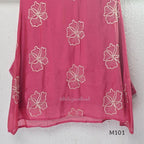 Pink Mul Chanderi A-line churidar set with floral embroidery, matching straight-leg bottom and floral dupatta at Beleza, Calicut.