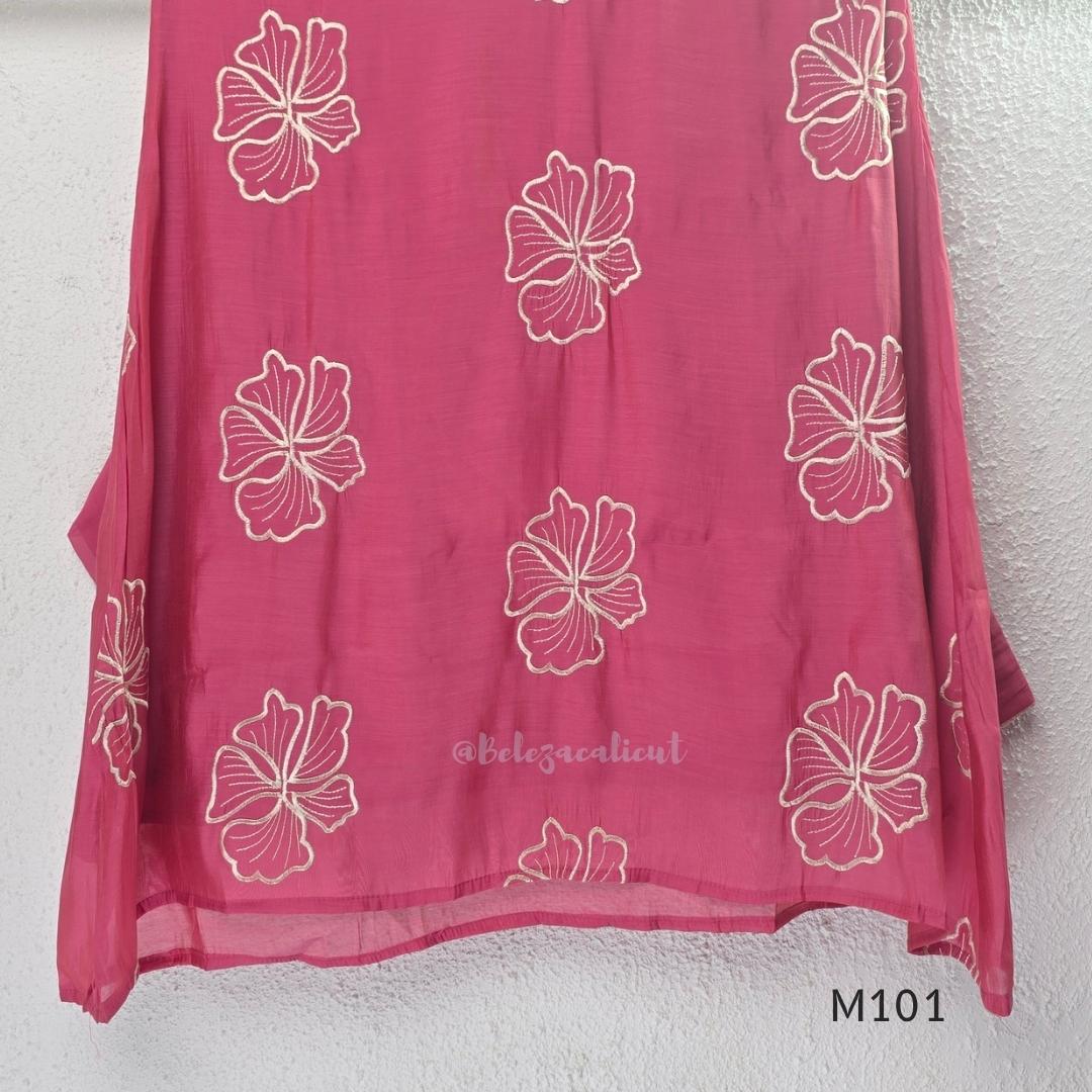 Pink Mul Chanderi A-line churidar set with floral embroidery, matching straight-leg bottom and floral dupatta at Beleza, Calicut.