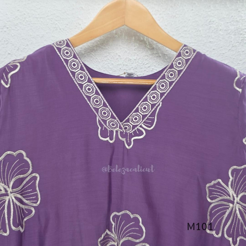 Lavender purple Mul Chanderi A-line churidar set with floral embroidery, matching straight-leg bottom and floral dupatta at Beleza, Calicut.