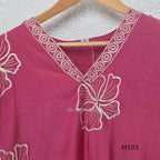 Pink Mul Chanderi A-line churidar set with floral embroidery, matching straight-leg bottom and floral dupatta at Beleza, Calicut.