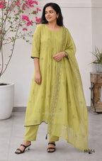 Mul chanderi 3-piece ethnic wear set in rose pink, olive green and lavender purple with floral line print, matching dupatta and bottom.