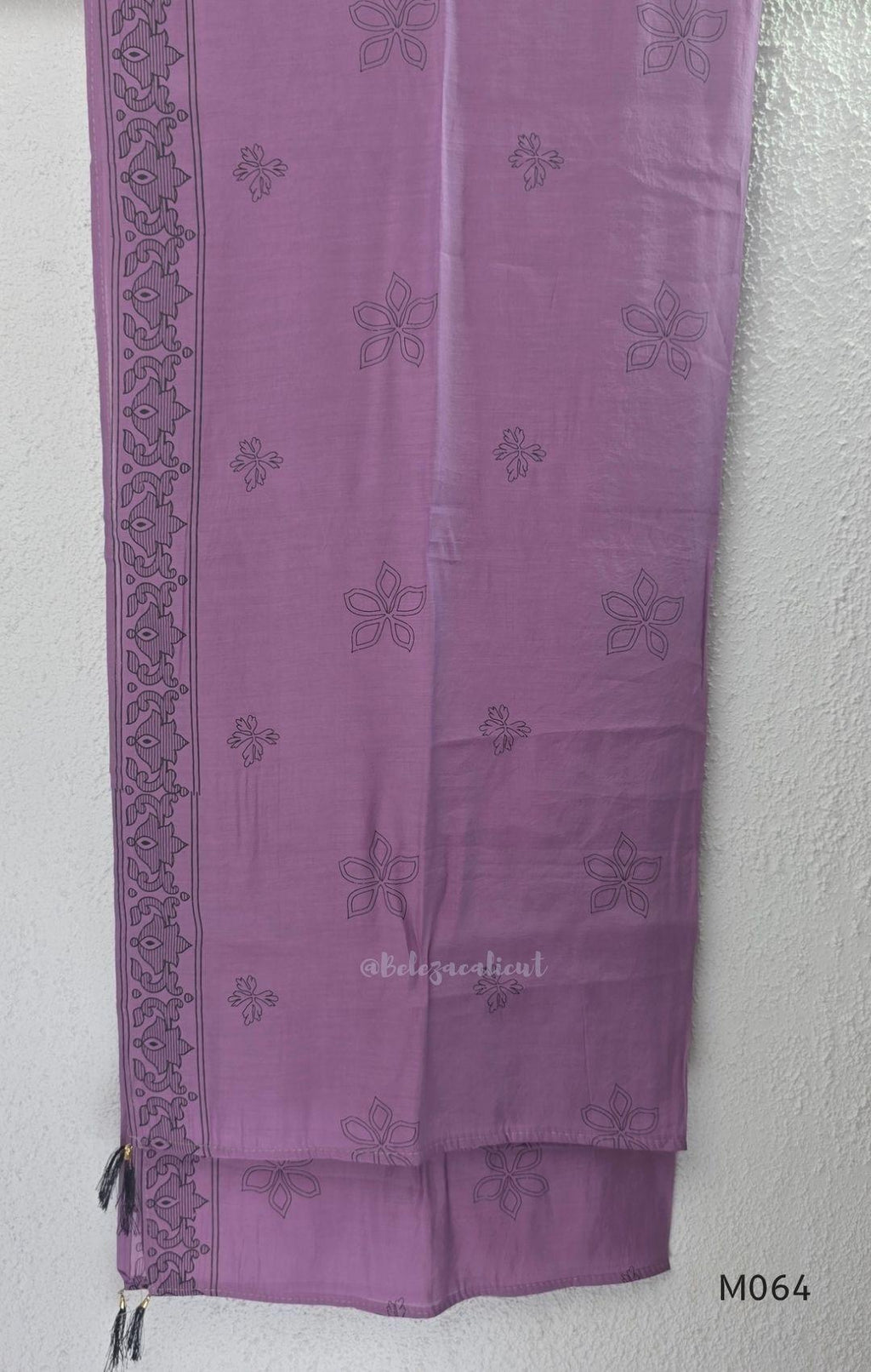 Mul chanderi 3-piece ethnic wear set in rose pink, olive green and lavender purple with floral line print, matching dupatta and bottom.
