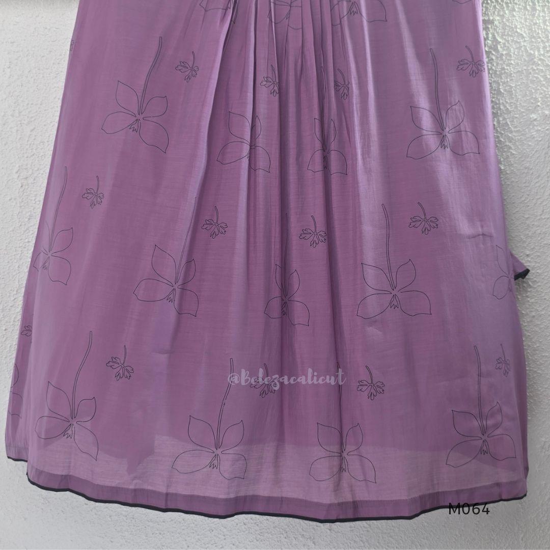 Mul chanderi 3-piece ethnic wear set in rose pink, olive green and lavender purple with floral line print, matching dupatta and bottom.