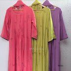 Mul chanderi 3-piece ethnic wear set in rose pink, olive green and lavender purple with floral line print, matching dupatta and bottom.