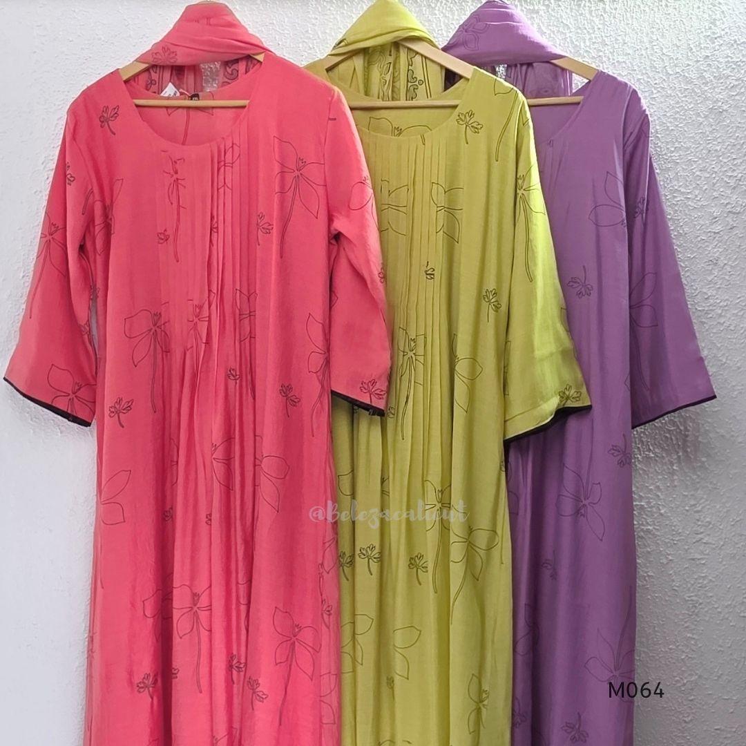 Mul chanderi 3-piece ethnic wear set in rose pink, olive green and lavender purple with floral line print, matching dupatta and bottom.