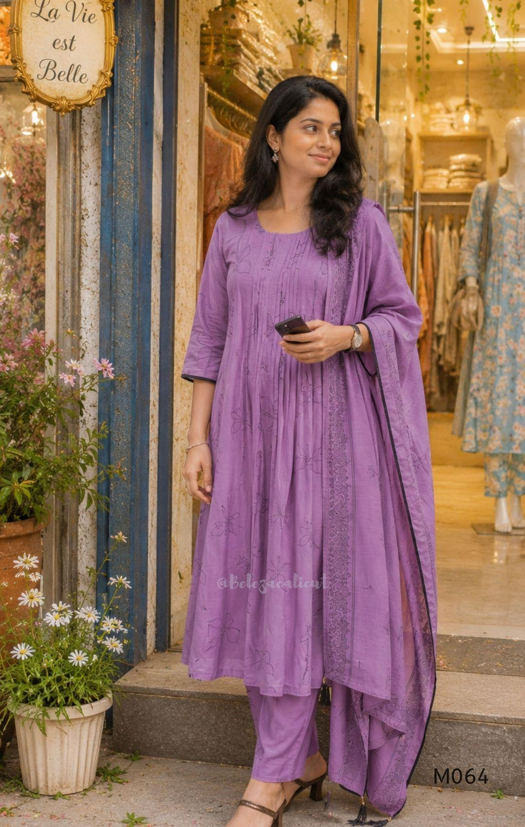 Mul chanderi 3-piece ethnic wear set in rose pink, olive green and lavender purple with floral line print, matching dupatta and bottom.