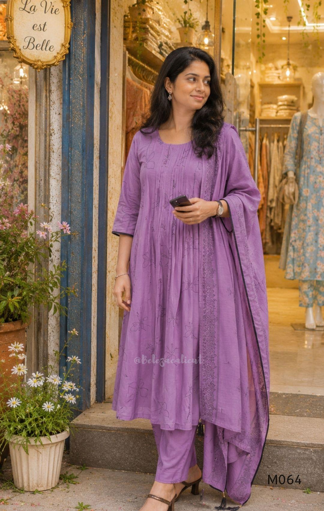 Mul chanderi 3-piece ethnic wear set in rose pink, olive green and lavender purple with floral line print, matching dupatta and bottom.