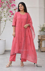 Mul chanderi 3-piece ethnic wear set in rose pink, olive green and lavender purple with floral line print, matching dupatta and bottom.