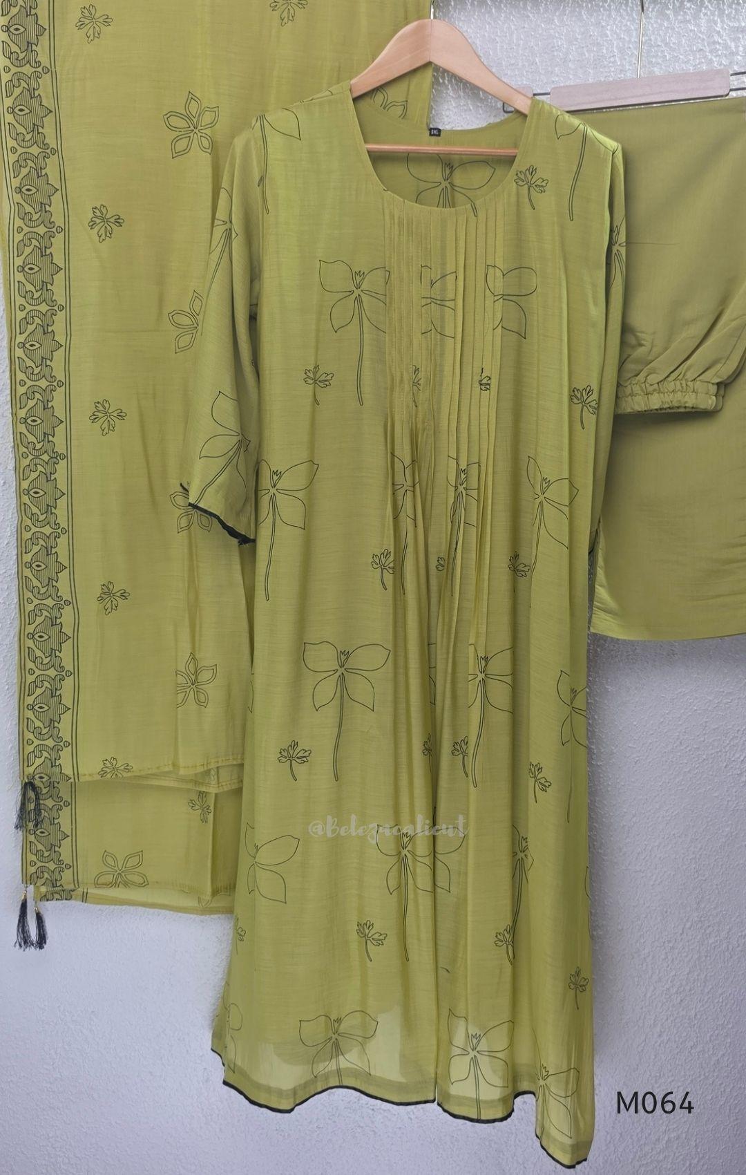 Mul chanderi 3-piece ethnic wear set in rose pink, olive green and lavender purple with floral line print, matching dupatta and bottom.
