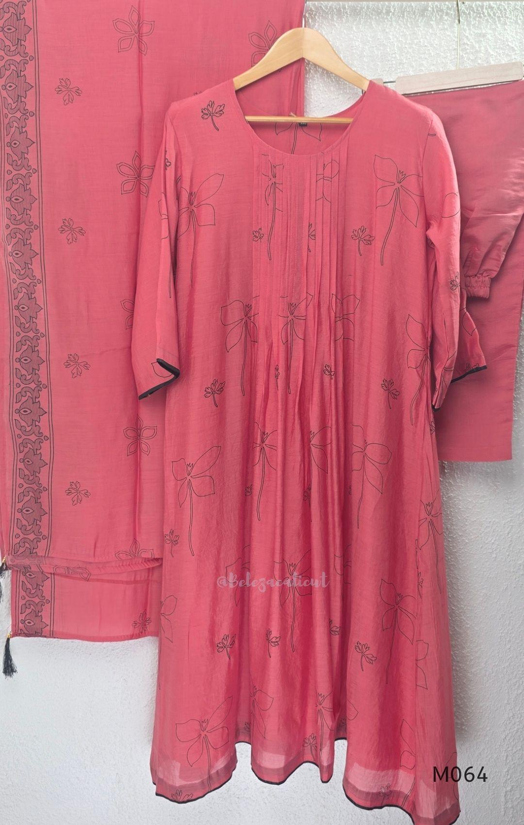 Mul chanderi 3-piece ethnic wear set in rose pink, olive green and lavender purple with floral line print, matching dupatta and bottom.