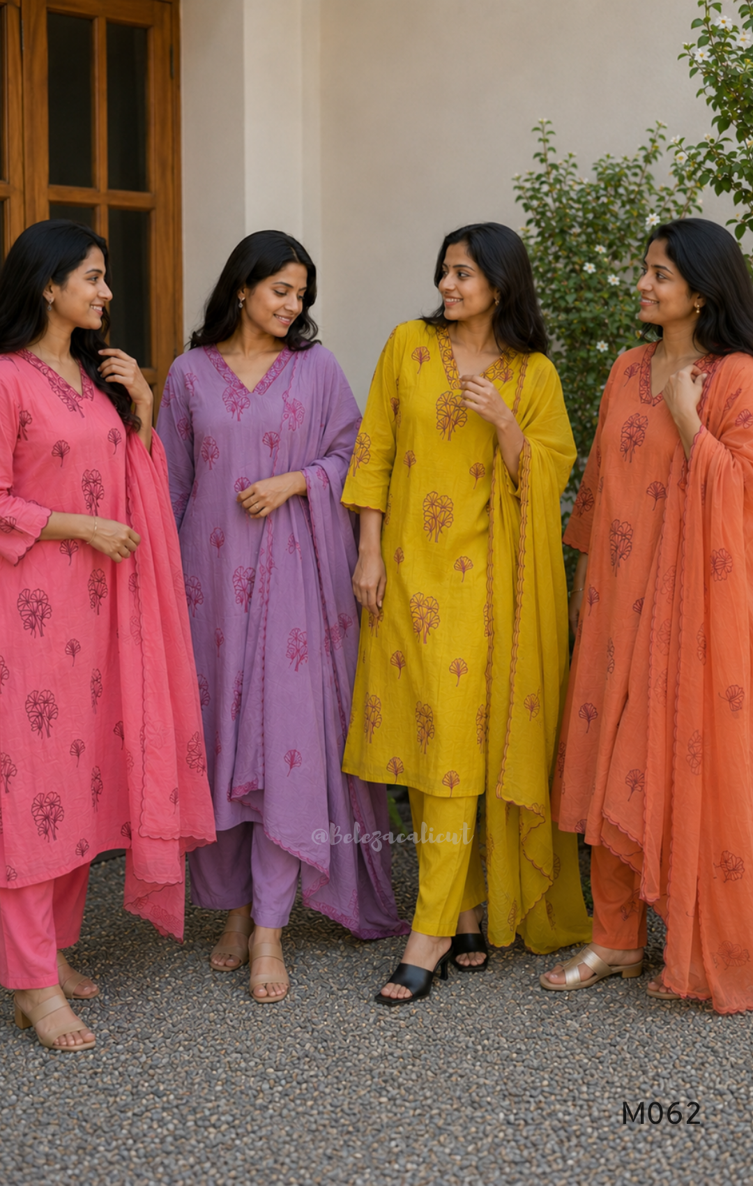 Mul chanderi A-line 3-piece churidar set in coral, lavender, mustard and rust orange with thread work.