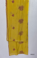 Mul chanderi A-line 3-piece churidar set in coral, lavender, mustard and rust orange with thread work.