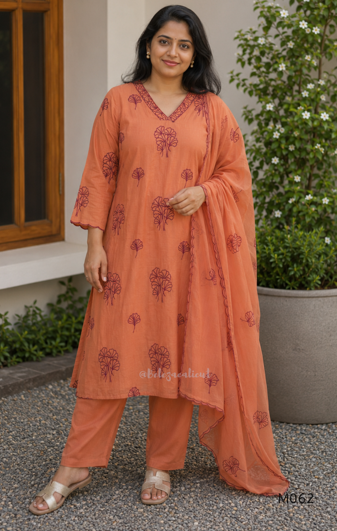 Mul chanderi A-line 3-piece churidar set in coral, lavender, mustard and rust orange with thread work.
