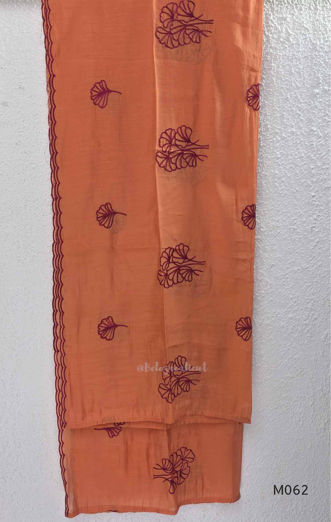 Mul chanderi A-line 3-piece churidar set in coral, lavender, mustard and rust orange with thread work.