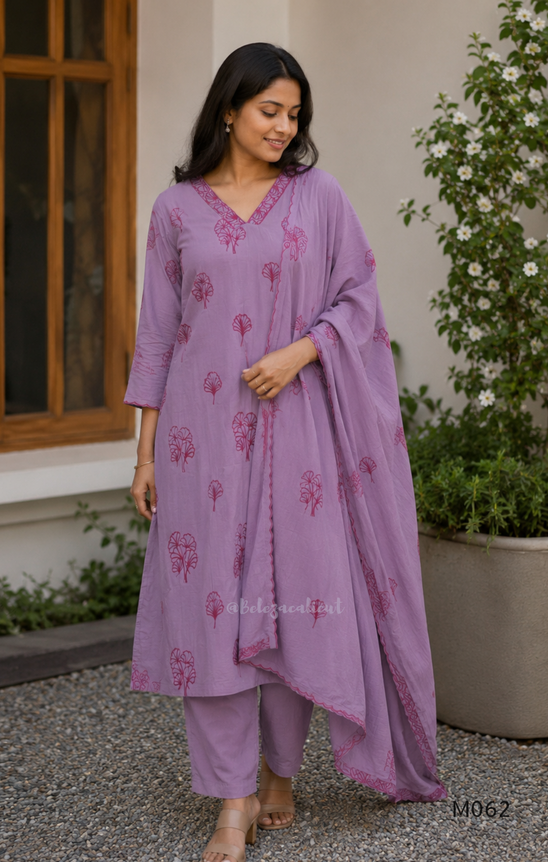 Mul chanderi A-line 3-piece churidar set in coral, lavender, mustard and rust orange with thread work.