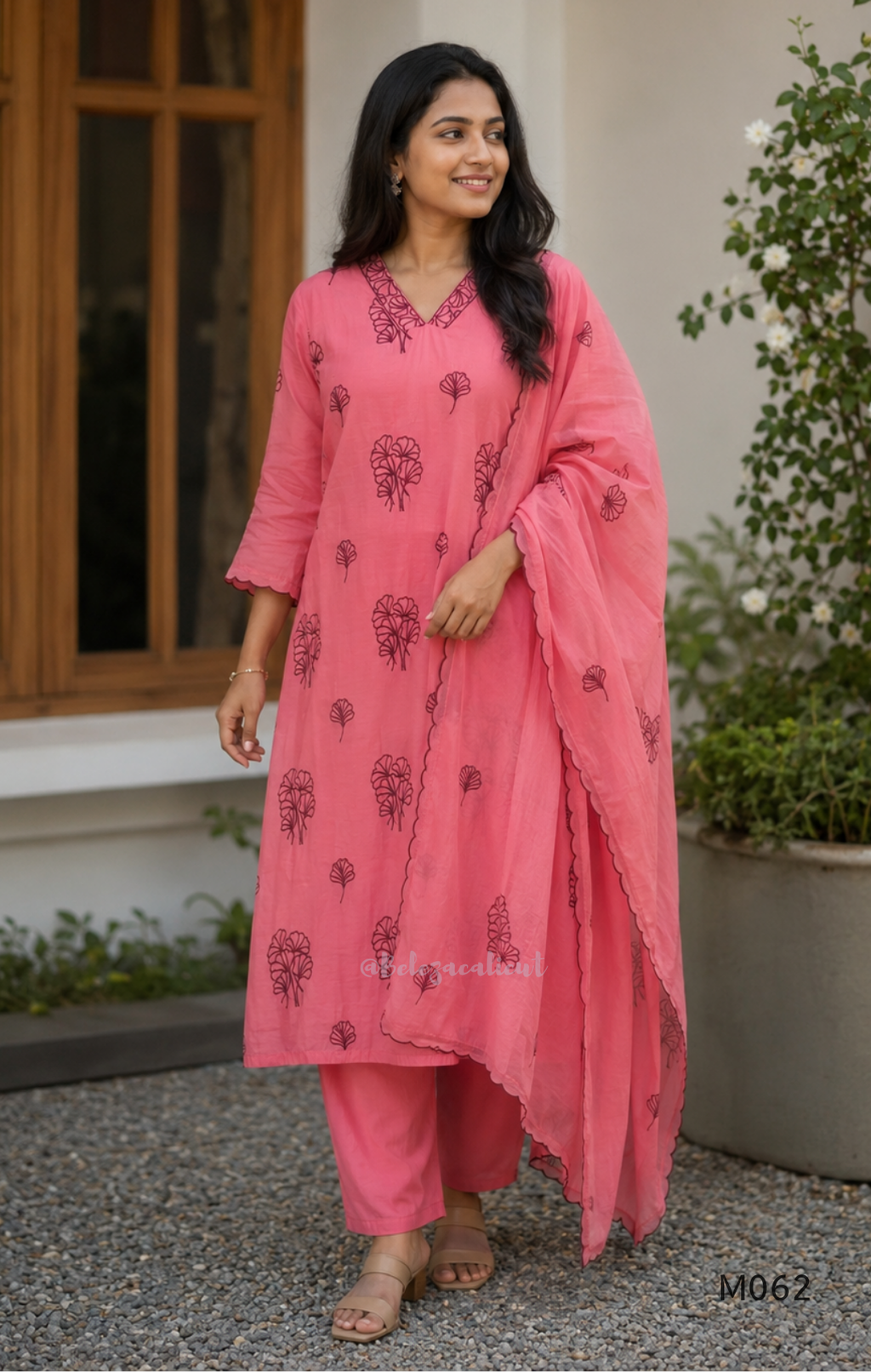 Mul chanderi A-line 3-piece churidar set in coral, lavender, mustard and rust orange with thread work.