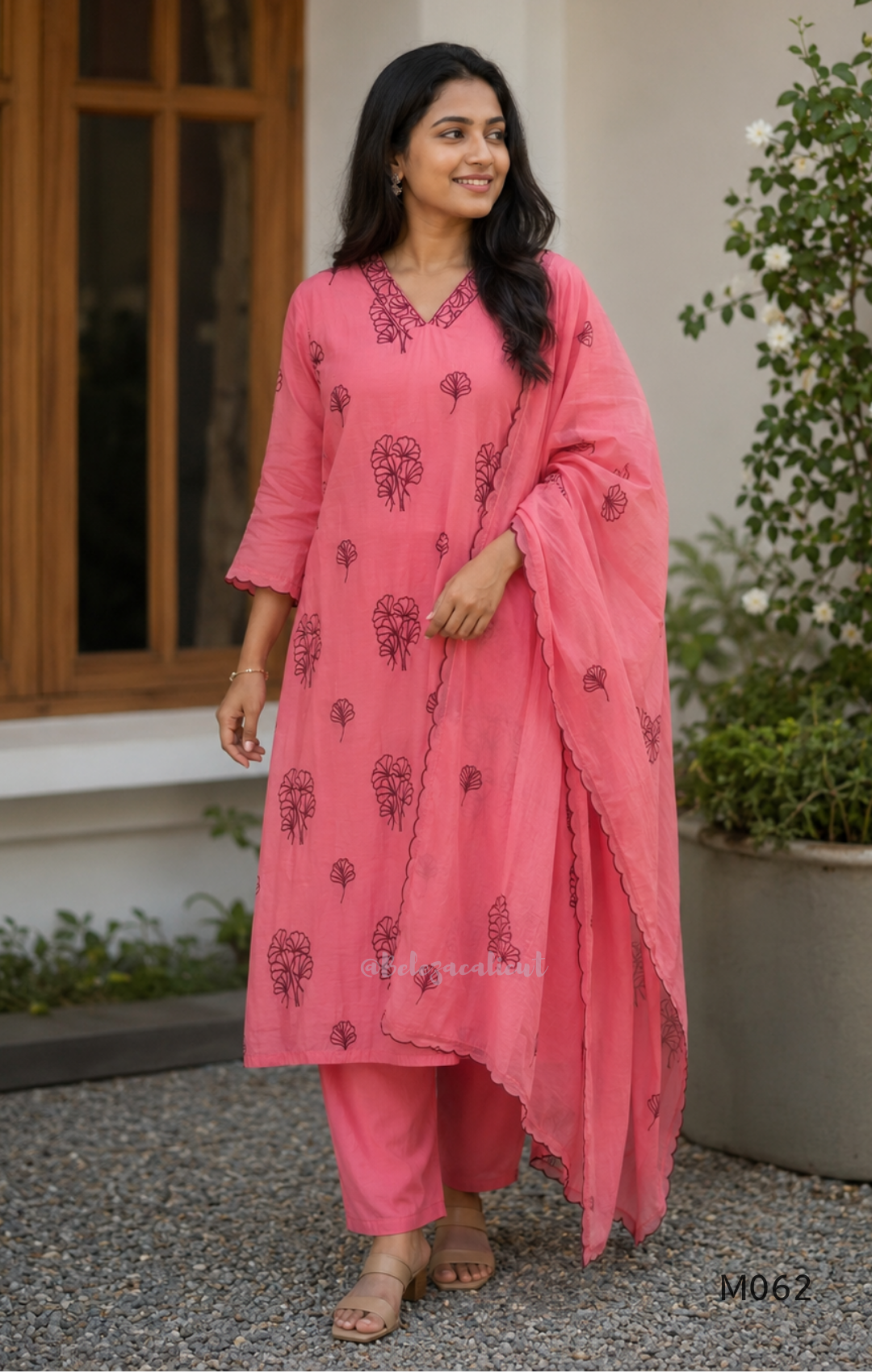 Mul chanderi A-line 3-piece churidar set in coral, lavender, mustard and rust orange with thread work.