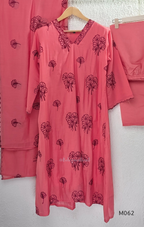 Mul chanderi A-line 3-piece churidar set in coral, lavender, mustard and rust orange with thread work.