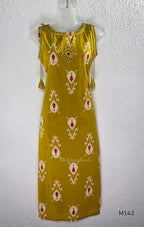 Mustard cotton top and bottom coord set with cream and rust motifs, tassel detailing and front mirror work.