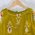 Mustard cotton top and bottom coord set with cream and rust motifs, tassel detailing and front mirror work.