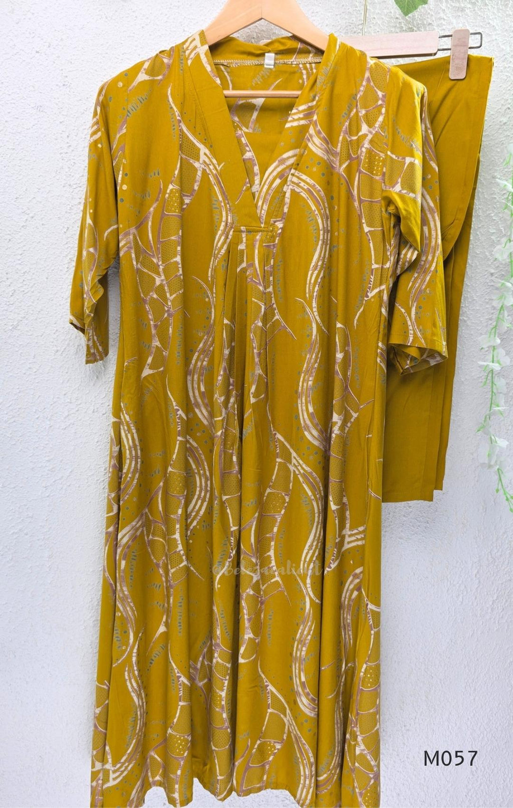 Warm mustard silk blend 2-piece set with abstract cream and taupe print, A-line mid-calf top and matching plain mustard pant.
