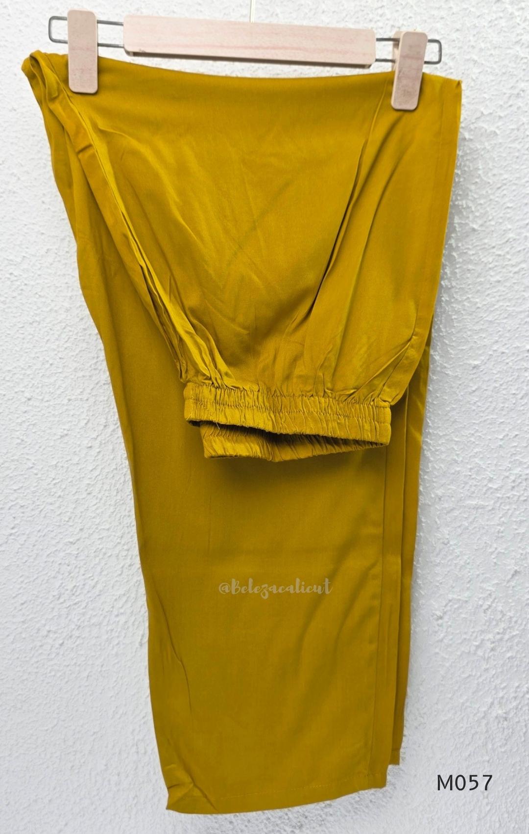 Warm mustard silk blend 2-piece set with abstract cream and taupe print, A-line mid-calf top and matching plain mustard pant.