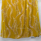 Warm mustard silk blend 2-piece set with abstract cream and taupe print, A-line mid-calf top and matching plain mustard pant.