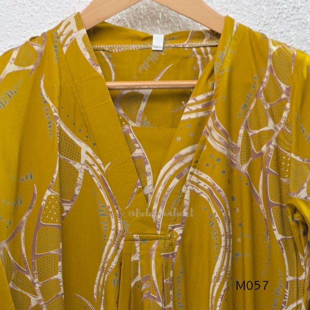 Warm mustard silk blend 2-piece set with abstract cream and taupe print, A-line mid-calf top and matching plain mustard pant.