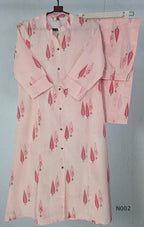 Soft peach cotton printed A-line button-front kurta with pink botanical motifs and matching wide-leg palazzo trousers. - view 2