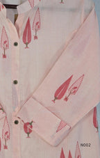 Soft peach cotton printed A-line button-front kurta with pink botanical motifs and matching wide-leg palazzo trousers. - view 4
