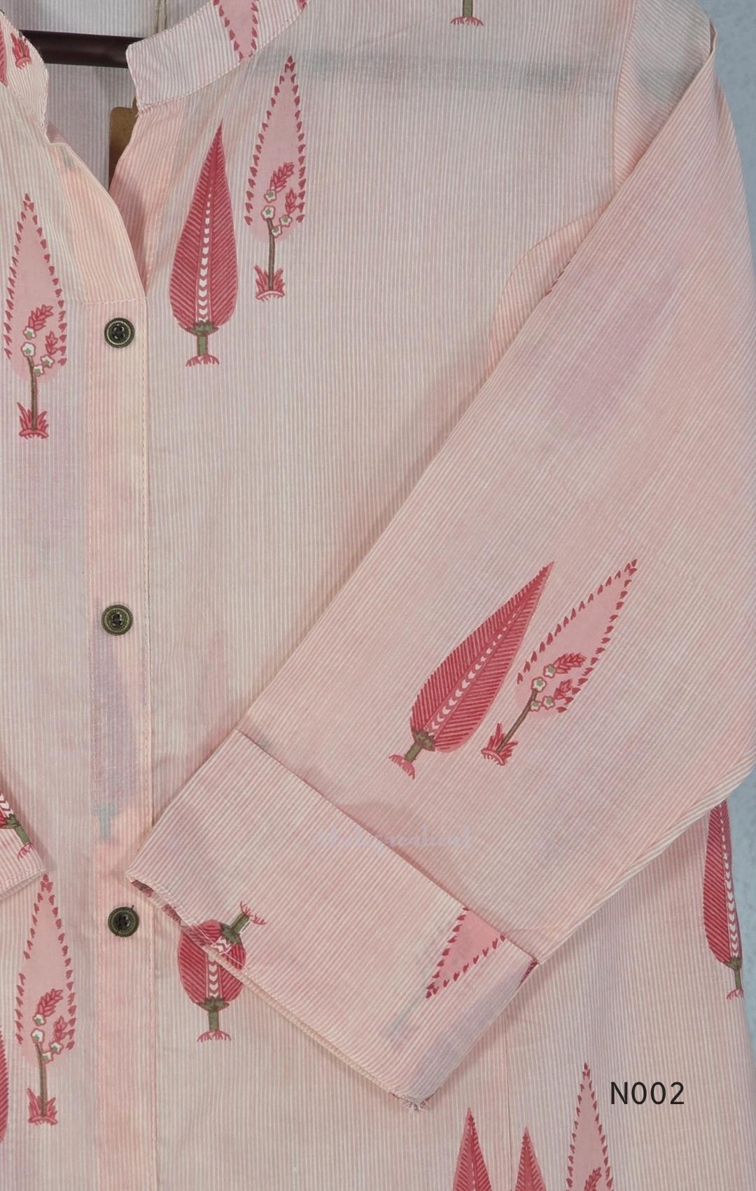 Soft peach cotton printed A-line button-front kurta with pink botanical motifs and matching wide-leg palazzo trousers. - view 4