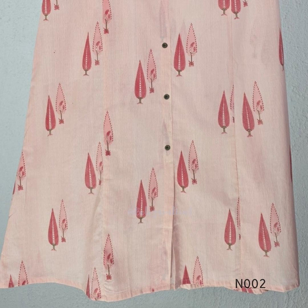 Soft peach cotton printed A-line button-front kurta with pink botanical motifs and matching wide-leg palazzo trousers. - view 6