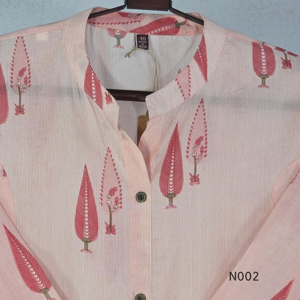 Soft peach cotton printed A-line button-front kurta with pink botanical motifs and matching wide-leg palazzo trousers. - view 7